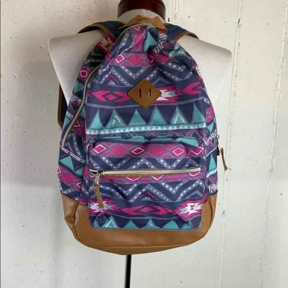 Aztec Southwest print 17” backpack blue pink Tan NEW